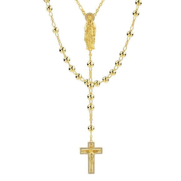 Other - Rosary Beads Necklace 14k Gold Plated Real 925 Silver Rosario Jesus Cross CZ Icy